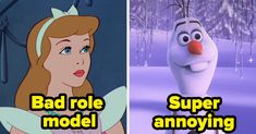 two cartoon characters, one with an evil face and the other as snow queen