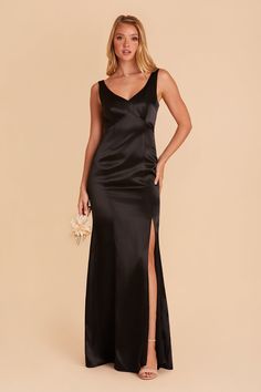 a woman in a black dress with the words $ 99 bridesmaid dresses on it