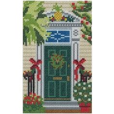 a cross stitched picture of a green door with red bows and holly wreaths