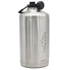 a stainless steel water bottle with a black cap