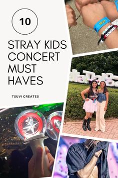 some people are posing for pictures with their cell phones and wristbands that say, 10 stray kids concert must haves