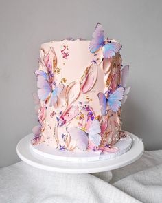 a pink cake with butterflies on it