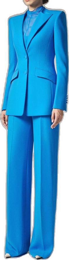 Luxury Spring Formal Pantsuit, Blue Tuxedo Blazer For Work, Blue Single Breasted Suits For Evening, Blue Notch Lapel Blazer For Evening, Evening Blue Notch Lapel Blazer, Chic Blue Suit With Hidden Button Closure, Evening Blue Suits, Tailored Royal Blue Single Breasted Blazer, Timeless Blue Single-breasted Blazer