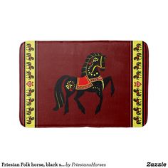 a red bath mat with a black horse on the front and yellow border around it