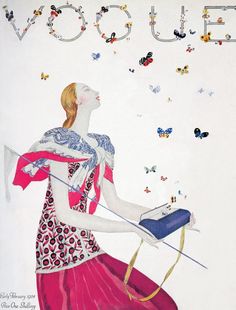 an illustration of a woman holding a purse with butterflies flying around her and the words vogue written on it