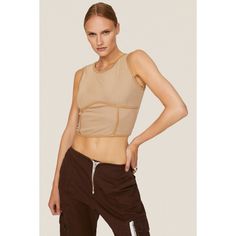 Brown polyester blend (95% Polyester, 5% Spandex). Lining (100% Polyester). Top. Crew neck. Sleeveless. Pull-on. 18" from shoulder to hemline. Imported. Fitted Sleeveless Beige Crop Top, Beige Fitted Sleeveless Crop Top, Beige Stretch Vest Crop Top, Beige Tank Top With Built-in Bra For Spring, Beige Spring Tank Top With Built-in Bra, Trendy Fitted Beige Tank Top, Nylon Tank Top With Built-in Bra, Beige Fitted Sleeveless Top, Beige Crochet Tank Top