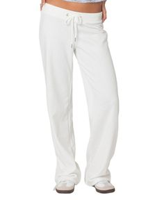 Edikted Quinn Straight Leg Sweatpants Comfortable White Bottoms With Loosely Fitted Hips, Comfortable White Straight Pants, White Stretch Bottoms With Straight Hem, White Relaxed Fit Athleisure Bottoms, Comfortable White Straight Leg Pants, Comfortable White Trousers, White Relaxed Fit Full Length Pants, White Relaxed Fit Pants, White Stretch Sweatpants With Tapered Leg