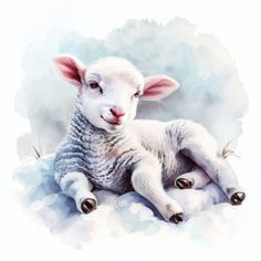 a painting of a baby lamb laying on top of a cloud covered ground with its eyes closed