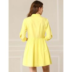 Designed with the shirt style, this dress makes weekend dressing simple with its relaxed fit shape. With the bright color, this piece is styled with a button-through design and finished with the tie detailing on the sleeves for a touch of femininity. Framed with a collar neckline and contemporary cropped sleeves, the waistline flows out into a lightly pleated flared skirt for a feminine finish that wears well with anything from sandals to trainers. Spring Collared Shirt Dress With Roll-up Sleeves, Solid Collared Shirt Dress For Day Out, Solid Color Collared Shirt Dress For Day Out, Casual Office Shirt Dress For Spring, Spring Dresses With Placket, Spring Shirt Dress With Rolled Sleeves For Day Out, Spring Cotton Shirt Dress With Collared Neckline, Spring Solid Dress With Placket, Spring Button-up Shirt Dress With Placket