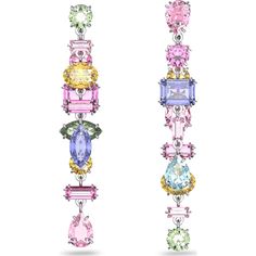 These multicolored drop earrings feature a mix of oval, pear, emerald and navette-cut crystals, arranged in a random formation. An elegant yet playful twist on the essence of Swarovski crystals, wear yours with an off-the-shoulder top to highlight their pastel hues and kinetic craftsmanship, or pair with the matching necklace from the Gema family. These earrings are part of the Gema family, designed by Creative Director Giovanna Engelbert for Collection III. Pastel Jewelry, Front Back Earrings, Swarovski Bracelet, Long Drop Earrings, Swarovski Earrings, Crystal Drop Earrings, Swarovski Jewelry, Accessories Jewelry Earrings, Matching Necklaces