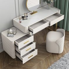 a white desk with two drawers and a mirror on the wall next to a chair