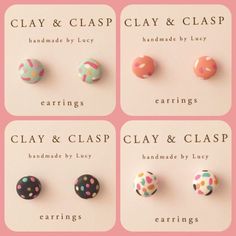 four different types of clay and clay studs on a pink background with the words clay and clay and clay & clay