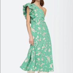 New With Tags! The Julian Floral Embroidered Dress Features A Ruched Puff Sleeve And One Shoulder Neckline. Details: Color - Mint Self-100% Cotton Lining-100% Cotton Hidden Side Zipper Pockets! Green One-shoulder Midi Dress For Spring, Chic Green Dress With Floral Embroidery, One-shoulder Dresses With Floral Embroidery For Spring, One Shoulder Dresses With Floral Embroidery For Spring, One-shoulder Summer Dress With Floral Embroidery, Neckline Details, Long Sleeve Ruffle Dress, Daisy Dress, Ruffle Midi Dress