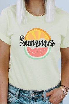 Experience the taste of summer with our vibrant Summer Fruit Slices Watermelon Orange Graphic Tee. This tee features an eye-catching design showcasing juicy watermelon and refreshing orange slices, creating a delightful summer vibe. White, Cream and Citron tees are 100% cotton, Ash tees are 99/1 cotton/poly. Peach is 52/48 cotton/poly. Whether you're lounging by the pool, exploring tropical destinations, or simply enjoying the sunny weather. By Kissed Apparel.Made In: USAFabric Contents: Most t- White T-shirt With Lemon Print For Summer, Trendy Green T-shirt For Summer, Trendy Green T-shirt For Vacation, Spring Tops With Fruit Print, Orange Crew Neck Summer T-shirt, Cute Summer Beach T-shirt, Fruit Print Tops For Beach In Spring, Green Graphic Tee For Summer, Green Crew Neck T-shirt For Summer