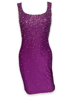 "Stunning Gianni Versace rare purple embellished beaded dress from Spring Summer 1996 and is a seen on the runway on Linda Evangelista and on Donatella Versace in black Size: Italian 40, the material has some stretch  Material: Nylon, Silk, Spandex blend Condition: Good condition, no flaws Measurements: Bust- 29.5\" Waist- 25.5\" Length- 36\"" Purple Party Dresses With Rhinestones, Purple Rhinestone Party Dress, Purple Fitted Evening Dress, Purple Embellished Sequin Evening Dress, Glamorous Embellished Purple Evening Dress, Purple Sleeveless Sequin Dress For Prom, Glamorous Purple Rhinestone Dress, Glamorous Purple Dresses With Rhinestones, Purple Embellished Sequin Cocktail Dress