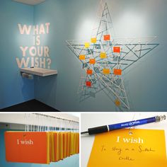 four different pictures with writing on the wall and an image of a star made out of sticky notes