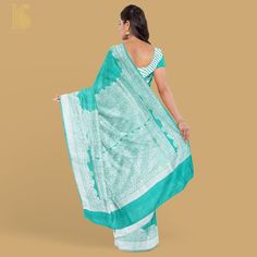 Turquoise Pure Tussar by Georgette Silk Handloom Banarasi Saree - Khinkhwab Silk Pre-draped Saree With Traditional Patterns For Designer Wear, Anarkali Style Silk Handloom Pre-draped Saree, Silk Anarkali Pre-draped Handloom Saree, Silk Anarkali Pre-draped Saree, Designer Handloom Silk Traditional Wear, Designer Silk Handloom Traditional Wear, Designer Silk Traditional Wear With Handloom Details, Silk Handloom Pre-draped Saree For Puja, Traditional Slub Silk Pre-draped Saree With Patterns