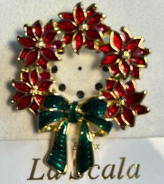 La Scala Vintage Christmas Brooch - Wreath, 22kt gold  plated w hand painted enamel,  Canadian, lead and nickel free, New brooch Elegant Red Holiday Brooches, Red Christmas Holiday Brooches, Antique Red Brooch, Vintage Swarovski Christmas Tree Brooch, Red Enamel Vintage Brooch, Wedding Gift Baskets, Gift Baskets, Brooch Pin, Vintage Christmas