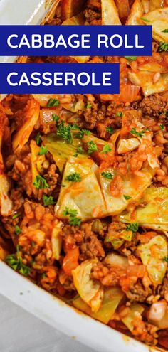 cabbage roll casserole in a white dish with the words cabbage roll casserole above it