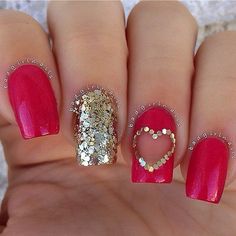 Red & Gold Heart Nail Art Design Gold Valentine Nails, Red And Gold Nail Art, Hoilday Nails, Red And Gold Nails, Heart Nail Designs, Gold Nail Designs, Gold Nail Art, Angel Gabriel