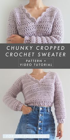 the chunky cropped crochet sweater pattern is shown in two different colors