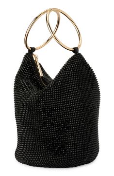 Crystal-studded construction adds a dreamy sheen to this slouchy bag with polished metal bangle handles you can slide up over your wrist to go hands-free. Top zip closure Top carry handles Logo-jacquard lining Aluminum/glass Imported Edgy Evening Shoulder Bag With Gunmetal Hardware, Luxury Black Evening Bag With Metal Hardware, Olga Berg Clutches, Luxury Black Bag With Pebbled Texture, High-end Evening Shoulder Bag With Metal Hardware, Ring Handle Bag, Maternity Coat, Slouchy Bag, Maternity Skirt