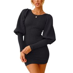 Black Knit Slim Fit Long Sleeve Bodycon Dress Elegant Knit Bodycon Dress For Winter, Black Long Sleeve Bodycon Sweater Dress, Elegant Knit Bodycon Sweater Dress, Elegant Knit Bodycon Dress For Night Out, Knit Bodycon Sweater Dress For Fall, Fitted Sweater Dress For Night Out, Fitted Knit Mini Dress For Winter, Fitted Black Ribbed Sweater Dress, Fitted Chic Sweater Dress For Winter