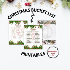 christmas bucket list printables with pine cones, holly wreaths and baubles