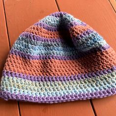 One Of A Kind Beanie Hat., Hand Crocheted. Lavender/ Blue Muted Orange Stripes Adjustable Purple Casual Beanie, Adjustable Casual Purple Beanie, Casual Purple Crochet Hat, Handmade Casual Purple Hat, Casual Handmade Purple Hat, Purple Crochet Beanie For The Beach, Casual One-size Purple Crochet Hat, Purple Crochet Beanie For Beach, Casual Purple Crochet Beanie Hat