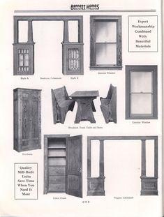 an old book with different types of windows and furniture in it's pages, including the doors