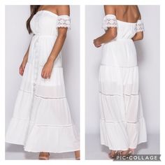 Boho Chic Off The Shoulder Cotton Dress Maxi Length Partially Lined Fabric Content Fabric: 100% Cotton Lining: 100% Polyester Brand New With Tags Label Will Say Numerical Size= Size 2= Xs Size 4= S Size 6= M Size 8= L Size 10=Xl Summer Maxi Dress With Lace Trim, White Bohemian Off-shoulder Maxi Dress, White Off-shoulder Sundress Maxi Dress, Off-shoulder Lace Trim Maxi Dress For Summer, White Off-shoulder Beach Sundress, Bohemian Strapless Maxi Dress For Day Out, Bohemian Strapless Sundress For Brunch, Bohemian Strapless Sundress For Day Out, Parisian Dress