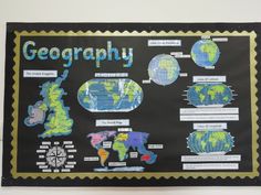 a bulletin board with different types of world maps on it, and the words'geography'written below