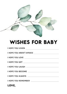 a card with the words wishes for baby on it