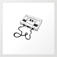 a drawing of an old school cassette tape art print on white paper with black ink