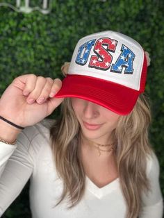 Keep the sun away while staying trendy with this USA Trucker Hat. Perfect for 4th of July celebrations, this mesh and snap back hat will keep you cute and cool all day! (Pro tip: pairs well with BBQ and fireworks!) Color: Red/White Brand: Ask Apparel Includes: x1 Hat Made in the USA Mesh and Snap BackProfessionally Sublimated One Size, Unisex fit. Summer Mesh Trucker Hat With Curved Brim, Mesh Baseball Cap For Summer, Summer Mesh Baseball Cap, White Mesh Snapback Hat For Spring, White Cap For Memorial Day, White Patriotic Hat With Curved Bill, Patriotic White Hat For Summer, White Mesh Trucker Hat For Spring, Patriotic White Hat With Curved Bill