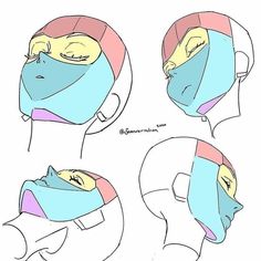 four different views of the same person with their face covered in blue and yellow cloths