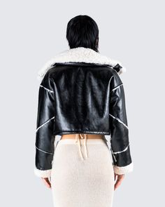 Give them the cold shoulder in this black sherpa jacket 😙 Constructed from faux shearling and plush bonded sherpa material with a boxy fit - this jacket is giving all the HBIC vibes 🖤 Note: this is faux leather & faux sherpa as we don't use any real animal products in our fits ✨ Black Sherpa Outerwear, Trendy Sherpa Outerwear With Faux Fur Lining, Edgy Winter Cropped Jacket With Zipper Closure, Trendy Sherpa Outerwear With Fleece Lining, Streetwear Faux Fur Lined Outerwear, Streetwear Outerwear With Faux Fur Lining, Streetwear Outerwear With Faux Fur, Black Sherpa Fleece Jacket For Fall, Black Sherpa Fleece Jacket For Winter