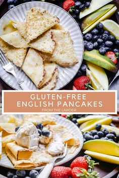 an english pancake with fruit and crackers on the side is shown in this collage