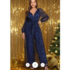 Formal Plus Size, Lace Embellishments, Tassel Decoration, Plus Size Navy, Fashion Elements, Sequin Jumpsuit, Other Outfits, Lantern Sleeves, Blue Lace