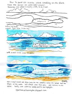 three different types of watercolor and ink on paper with words written in each section