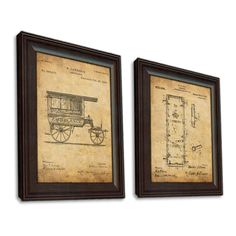 two framed art pieces with an old - fashioned drawing of a baseball bat and glove