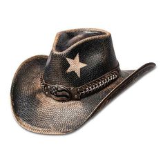 Unsure of what a Dropship item is? Click this link so you are fully informed prior to your purchase! The Stampede Vintage Black Star USA Panama Straw Cowboy Hat is yet another fantastic Panama straw cowboy hats offered from California Hat Company. This stylish Cowboy Hat comes distressed dyed and each hat has a one-of-kind look depending on the staining. The hat is accented with a weaved leather and chain hat band and is adorned with an underwelt Long Horn brim on either side. The high crown and Straw Cowboy Hats, Black Cowboy Hat, Outback Hat, Felt Cowboy Hats, Straw Cowboy Hat, Leather Hat, Hat Accessories, Unique Hats, Cowboy Style