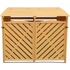 a wooden storage box with two doors on the top and bottom, in front of a white background