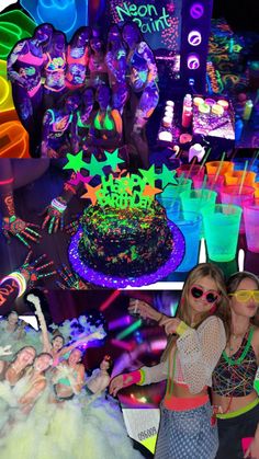 two women standing next to each other in front of a cake and neon lights at a party