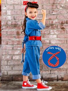 Popular Girls Halloween Costumes, Rosie The Riveter Halloween Costume, Rosie The Riveter Halloween, Troll Costume, Polka Dot Headband, Elastic Waist Jeans, Toddler Halloween Costumes, Rosie The Riveter, Embroidered Name