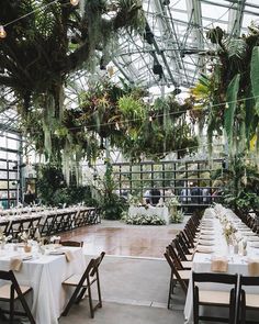 an indoor wedding venue set up with long tables and white tablecloths, surrounded by greenery