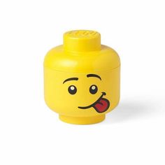 a yellow lego head with an open mouth and tongue sticking out from it's side