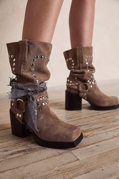 Gretchen Studded Square Toe Boots | Free People Upcoming Fashion Trends, Botas Western, Free People Boots, Square Toe Western Boots, Cowboy Aesthetic, Slouch Boots, Mode Hippie, Spot Lights, Suede Fashion