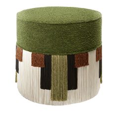 a green and white stool with tassels on it