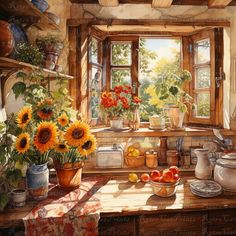 a painting of sunflowers and other flowers in a kitchen